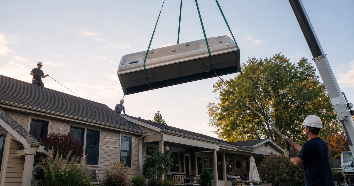 How do you plan crane delivery for a swim spa in a tight backyard?